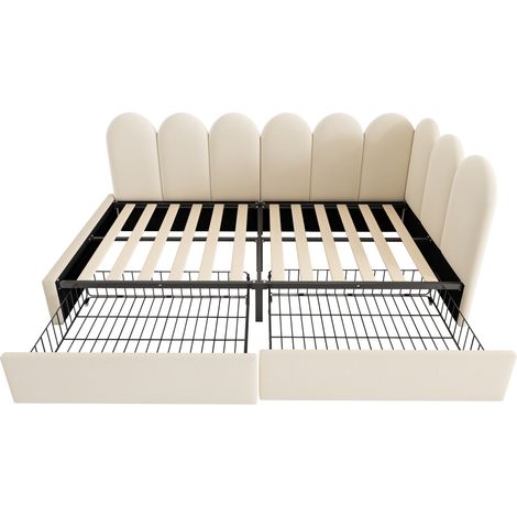 Lit rembourré simple avec tiroirs, lit de rangement en velours, lit de jour, canapé-lit 90 x 190 cm avec sommier à lattes, lit pour adolescents et adultes, lit pour enfants, beige (sans matelas) (1/5)