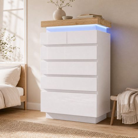 Cassettiera 115/73/39 cm lucida bianca con 6 cassetti e illuminazione LED (1/5)