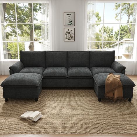 Canapé d’angle U modulable en tissu, style cloud, assise profonde, 2 poufs mobiles avec rangement, dossier haut, noir, 264,5 cm – CHICFURN (1/5)