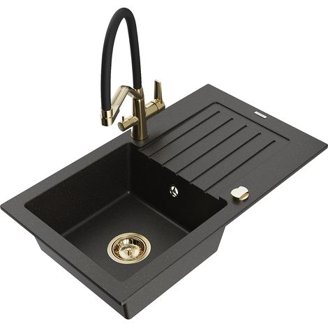 Mexen Pablo lavello in granito a 1 vasca con scolapiatti e rubinetto Duo, nero/oro metallizzato - 6510-75-671701-57-G (1/5)
