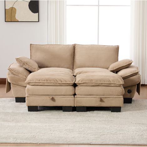 Divano a 2 posti 190x132x84 cm, con pouf, seduta ergonomica, porta USB-C, tasche laterali, corduroy khaki (1/5)