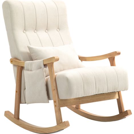 Sillón balancín tapizado beige con cojín lumbar y bolsillo lateral, estructura de madera de haya (1/5)