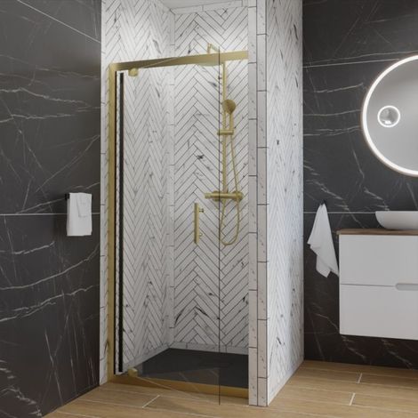 Cuisibane – Porte de douche pivotante 90 cm – Cadre en aluminium doré – Verre trempé 6 mm anticalcaire – Système Stop Water pour étanchéité