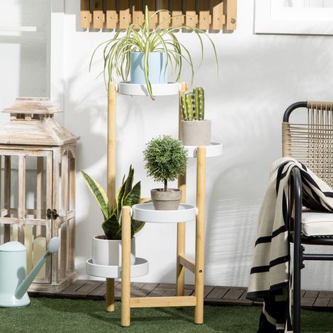 Support pour plantes étagère à fleurs à 4 niveaux en bambou et métal pour extérieur intérieur 28 x 28 x 80 cm blanc