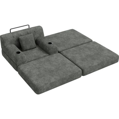 Fauteuil-lit 1 place en velours côtelé avec repose-pieds et rangements, fonction lit, gris foncé (1/5)