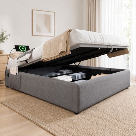 Letto matrimoniale 160x200 cm con contenitore idraulico, prese USB e Type-C, senza testiera, rivestimento in tessuto grigio e base continua in legno - FLORAGRACE (1/5)