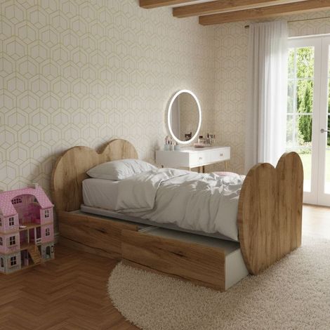 Letto singolo cuore con cassetti - Cameretta romantica e funzionale - Quercia
