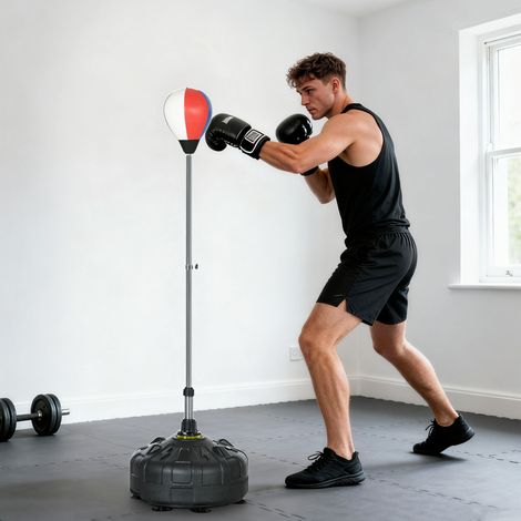 Balón de boxeo, altura regulable de 147 a 165 cm, base rellenable, acero, negro + rojo + blanco