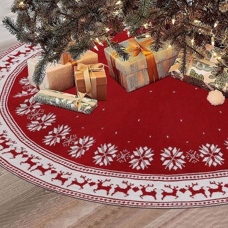 Tapis de sapin de Noël, tapis de sapin de Noël de 91 cm (36 pouces) avec flocons de neige et rennes, tapis de sapin de Noël tricotés rouges (1/5)