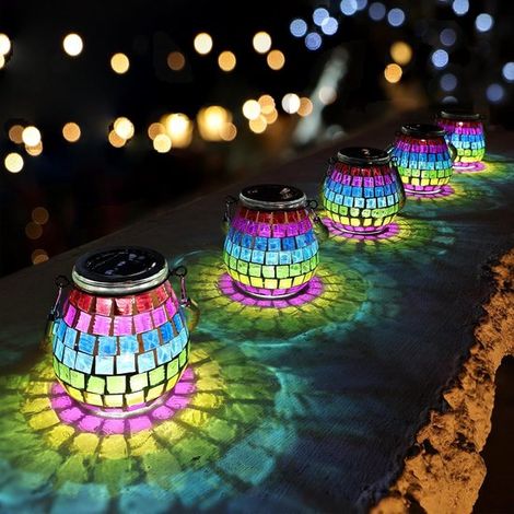 Lot de 2 lanternes solaires mosaïques néon étanches IP68, en forme de poire, avec projecteurs suspendus pour terrasse et jardin. (1/4)