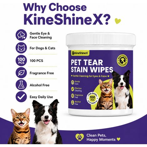 KineShineX Pet Tear Stain Cleaning Wipes, Suitable for Cats and Dogs, Eye and Facial Care Wipes, Gentle and Fragrance-Free (1/4)