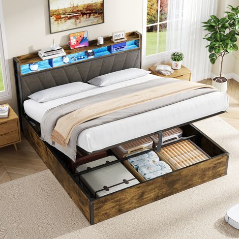 5ft King Bed Frame with Hydraulic Storage,RGB LED Storage Headboard with Charging Station,USB and Type-C Ports,No Box Spring Needed,Easy Assembly,Black+Walnut