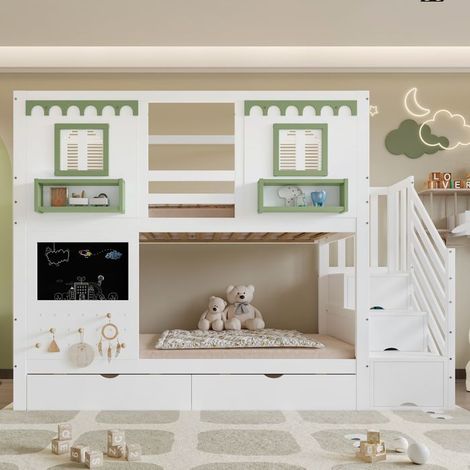 Lit superposé - 90 x 200 cm - Escalier de rangement - 2 tiroirs - Blanc et vert