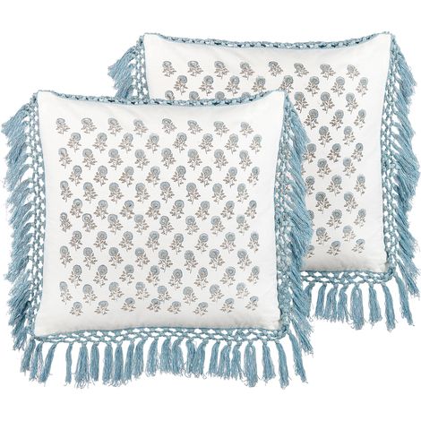 Conjunto de 2 cojines de algodón blanco azul gris 45 x 45 cm floral flecos Pallida