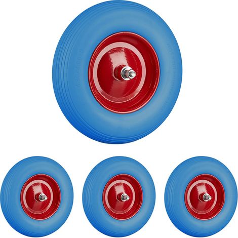 Set of 4 Relaxdays Solid Rubber Wheelbarrow Tyres with Axle, 4.80 4.00-8, 100 kg Capacity, Flat-Free, Blue/Red