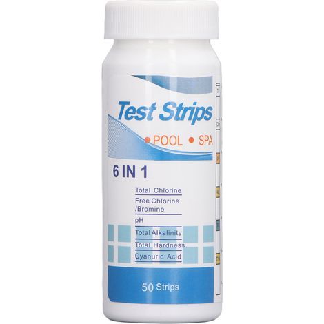 100 bandelettes de test 6 en 1 pour le pH, le chlore, la dureté, l'alcalinité et l'acide cyanurique sur papier tournesol pour piscines et spas