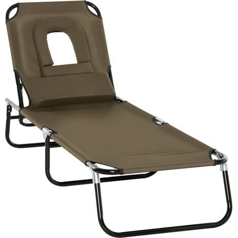 Transat de jardin pliant, chaise longue bain de soleil marron avec appuie-tête réglable, trou de lecture et dossier inclinable pour confort optimal en extérieur.