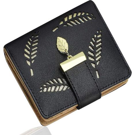 Portefeuille court zippé en cuir avec feuilles découpées (noir), (1/2)