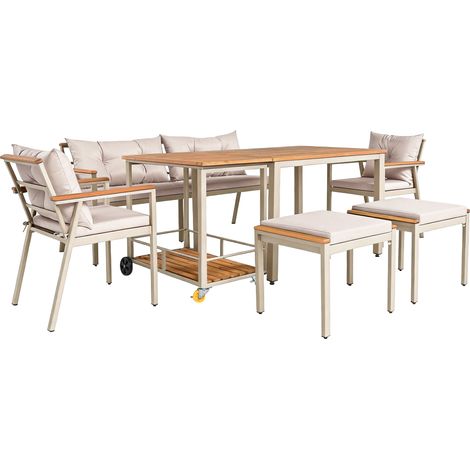 Ensemble de mobilier de jardin en acacia, table à manger et sièges pour 6-7 personnes avec chariot de service amovible et housses lavables (1/5)