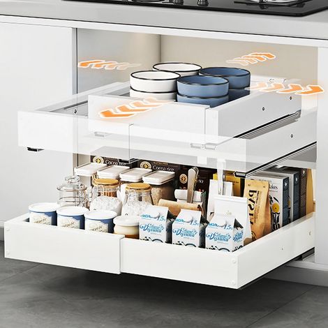 Kitchen Drawer 4 Directions Adjustable White 2 Piece Carbon Steel Extendable: Width 29 – 48 cm, Depth 41.5 – 55 cm Load 25 kg No Drilling or Screws Cushioned Rails (1/5)