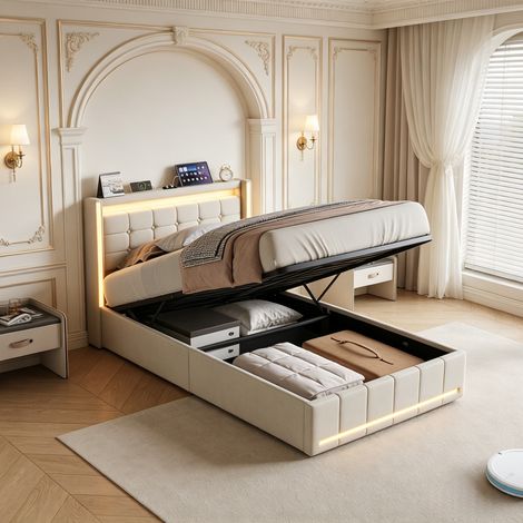 Lit coffre  90x200 cm, avec LED, sommier à lattes en bois, cadre en métal,Beige (1/5)