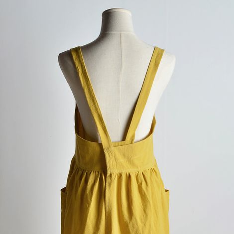 Tablier en coton bio artistique pour cuisine et fleuriste, tablier japonais jaune curcuma, vêtement de travail doux et confortable.