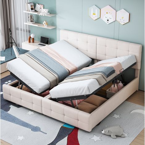 Cama matrimonio con almacenaje hidráulico beige OKMYHOME (1/5)