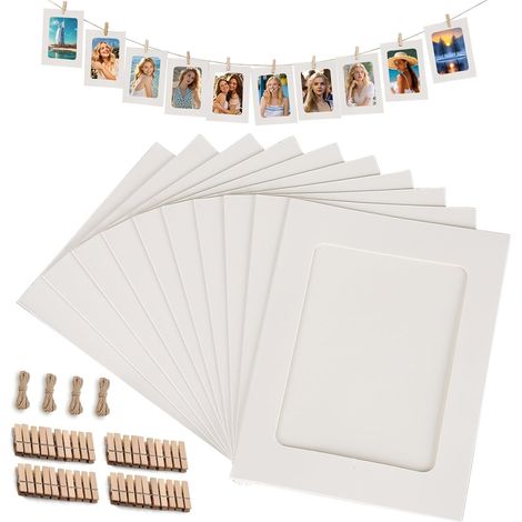 Lot de 40 cadres photo papier blanc 15,5x11,5 cm, 40 pinces bois + 4 cordes chanvre, décoration murale DIY pour anniversaire, mariage, rideau photo (1/5)
