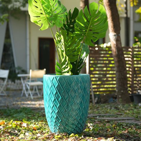 Großer Handgefertigter Keramik Pflanztopf, 42cm Durchmesser × 54cm Höhe, Glänzend Cyanblau mit Rautenmuster, atmungsaktiv, frostsicher, mit Ablauflöchern für große Zimmer- und Gartenpflanzen (1/5)