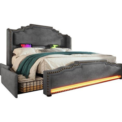 Polsterbett 160x200 mit 4 Schubladen, LED, USB-C und Lattenrost aus grauem Samt (1/4)