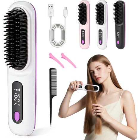 Mini brosse à cheveux électrique, brosse lissante sans fil, brosse de coiffage pour cheveux courts, brosse à lisser électrique avec affichage LED + 3 réglages de température, brosse lissante Hot Comb (1/5)