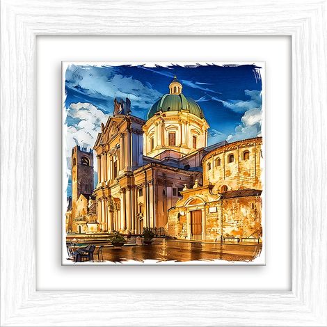 Lupia - Quadro moderno con paesaggi e localismi italiani, Ceramica e Stampa Rilievo, Cornice Legno Shabby Modern bianca, Decorazione Parete, Quadretti Soggiorno 29x29 cm BRESCIA DUOMO NUOVO E VECCHIO (1/4)