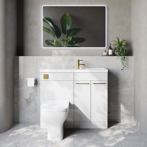 Napoli 250 Gloss White 1000mm 2 Door Vanity Unit Toilet Suite with Square Silvo Basin - 1000mm - Brushed Brass 160mm HandleWith Kingston Toilet Pan and Seat