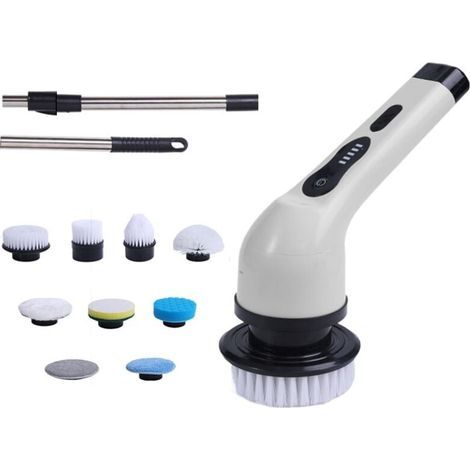 Spazzola elettrica senza fili per la pulizia, spazzola senza fili con 7 testine intercambiabili, mocio elettrico con manico regolabile per bagno, cucina, auto (bianco) (1/5)