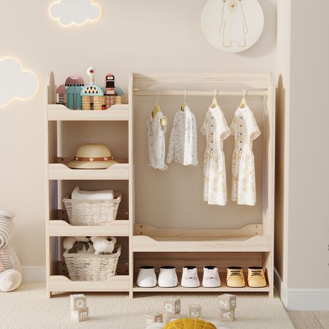 Armadio Appendiabiti per Bambini 110x39x110cm con Asta e 4 Ripiani in Legno Stile Moderno Naturale