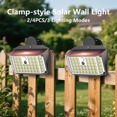 Lot de 2 Lampes Solaires Extérieures à Pince 176 LED, Applique Murale Solaire avec Détecteur de Mouvement PIR, 3 Modes d’Éclairage, Blanc Froid, IP65 Étanche, Lampe de Sécurité Sans Fil pour Jardin, T (1/4)