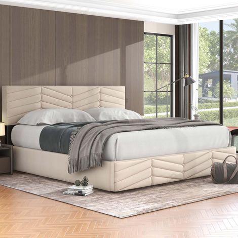Lit coffre 160x200 cm beige en velours, tête de lit réglable 90-95 cm, design rayé à boutons, rangement hydraulique, sommier 24 lattes inclus, sans matelas (1/5)