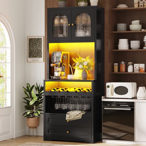 Vitrina alta negra con puertas de cristal curvadas, LED App, baldas ajustables y botellero (1/5)