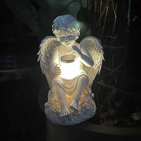 Ange Fée Statuette Avec La Lumière Solaire,Jardin Résine Ange Figurines Ornament Décoration D'ange Pour Pelouse Cimetière Cadeaux Commémoratifs,Ange Gardien Jardin Statuette-Garçon 14.5x15.5x20cm (1/5)