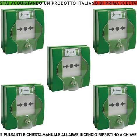 PULSANTI EMERGENZA ROTTURA VETRO 5 PEZZI VERDI INTERVENTO PER INCENDIO RIPRISTINO A CHIAVE SBLOCCA PORTE REI EN 54-11 CPD (1/3)