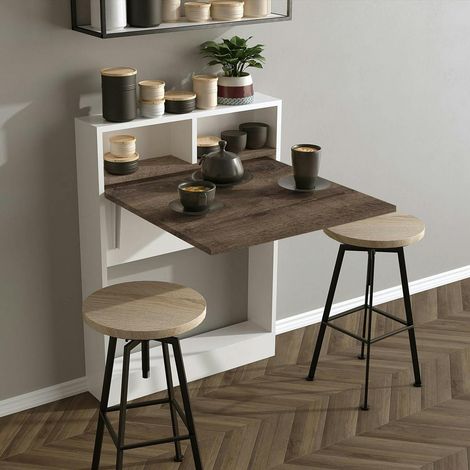 Table murale pliante effet bois foncé avec niches MARFA