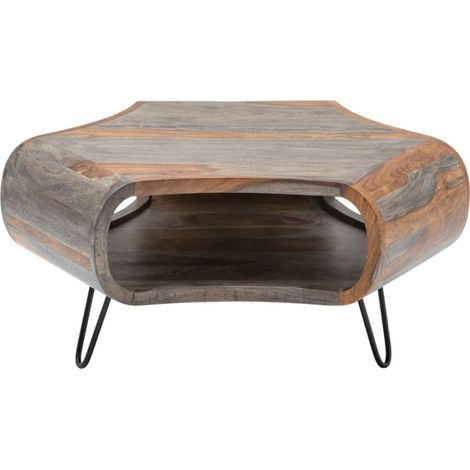 Table basse NERA 80 cm aus massivem Sheesham-Holz in Braun und Grau mit Ablagefach – Retro-Industriedesign