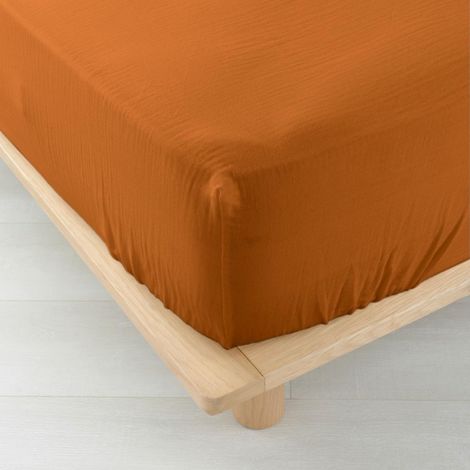 Drap Housse en Gaze de Coton "Angelia" 140x190cm Caramel