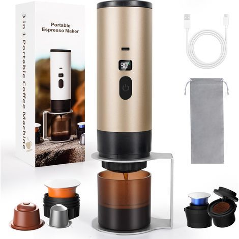 Machine à café portable avec égouttoir à café, machine à expresso de camping, mini machine àcafé auto-chauffante, compatible avec moulu et capsules de café, champagne (1/5)