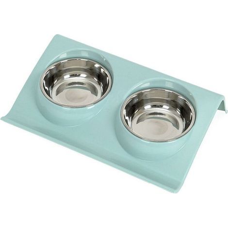 Dispensador de comida para mascotas de acero inoxidable, comedero doble para perros y cachorros, artículos para mascotas, color verde. (1/4)