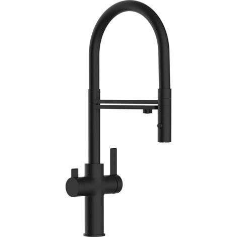 Rubinetto 3 vie miscelatore cucina Nero Opaco con canale separato per acqua filtrata, canna nera movibile e doccia due getti staccabile - Serie FC (1/5)