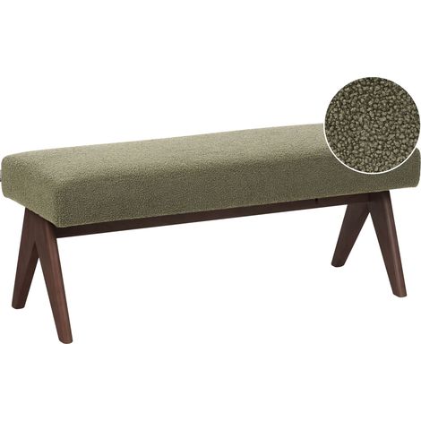 Sitzbank Grün Bouclé-Stoff Gepolstert 118 cm Teddy-Optik Dunkle Holzbeine Ohne Lehne Retro-Design Esszimmer Wohnzimmer Polsterbank Flurbank