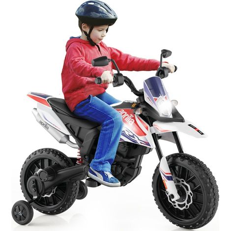 Moto électrique enfant blanche 12V avec suspension, roulettes stabilisatrices, musique et phare pour cour, jardin et parc (1/5)
