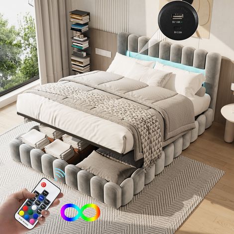 Lit double rembourré en Velours 180 x 200 cm avec éclairage LED, lit coffre, port USB et port type-c, lattes doubles, lits adulte et ado, matelas non inclus, Gris (1/5)