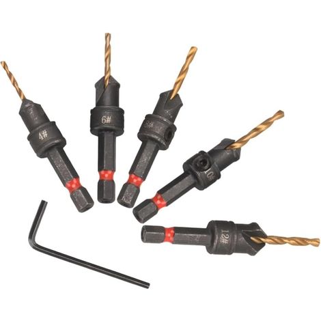 Juego de 5 brocas cónicas de profundidad ajustable, aptas para trabajos de carpintería, con vástago hexagonal, compatibles con taladros manuales, taladros de banco y taladros de iones de litio. (1/5)